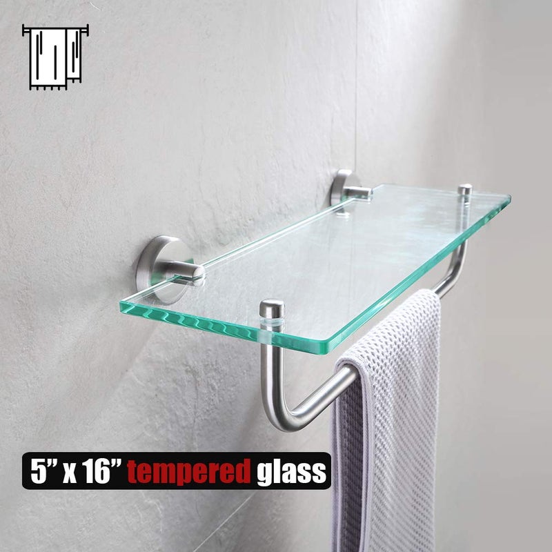 JQK Bathroom Glass Shelf, Shelf with 15 Inch Towel Bar Tempered Glass Shower Storage 16 by 5 inches, 304 Stainless Steel Brushed Finish Wall Mount, TGS100-BN - Image 5